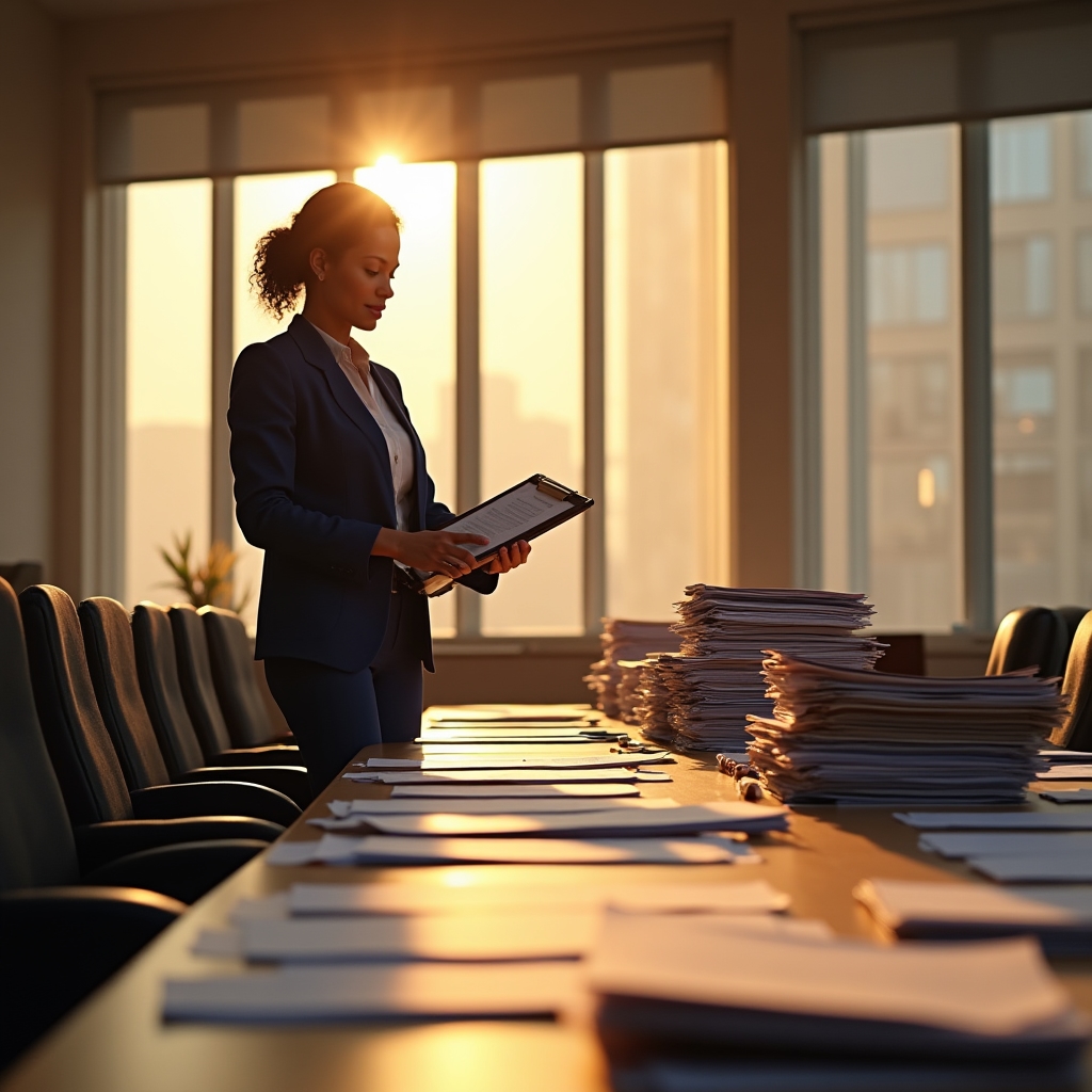 Document management specialist conducting a thorough audit of construction project files spread across a conference table