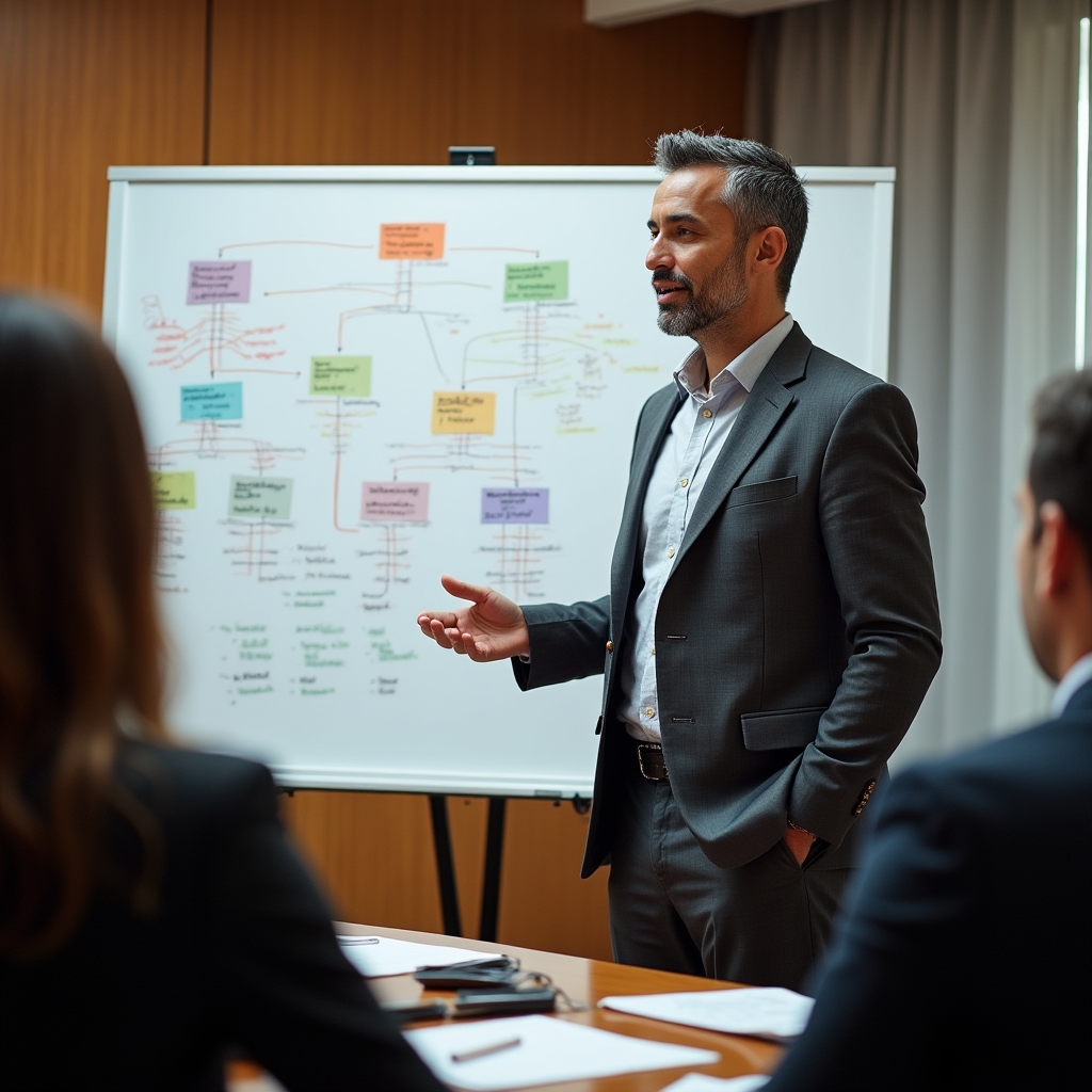 Document management consultant presenting a classification framework on a whiteboard to a construction project team in a meeting room