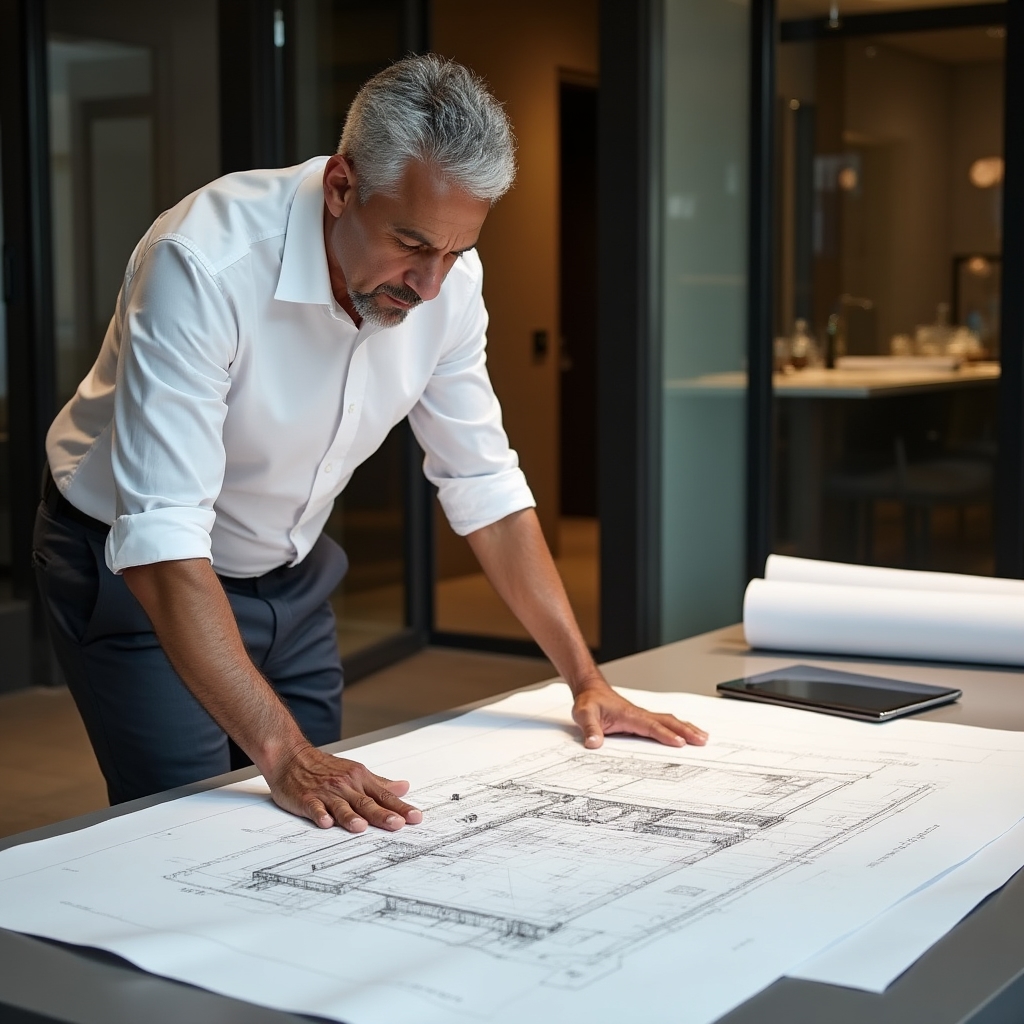 Architect reviewing large-format construction blueprints on a well-organized project desk