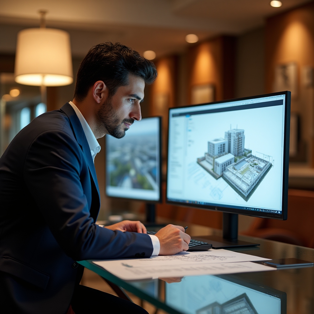 Construction team reviewing project documentation on a digital platform