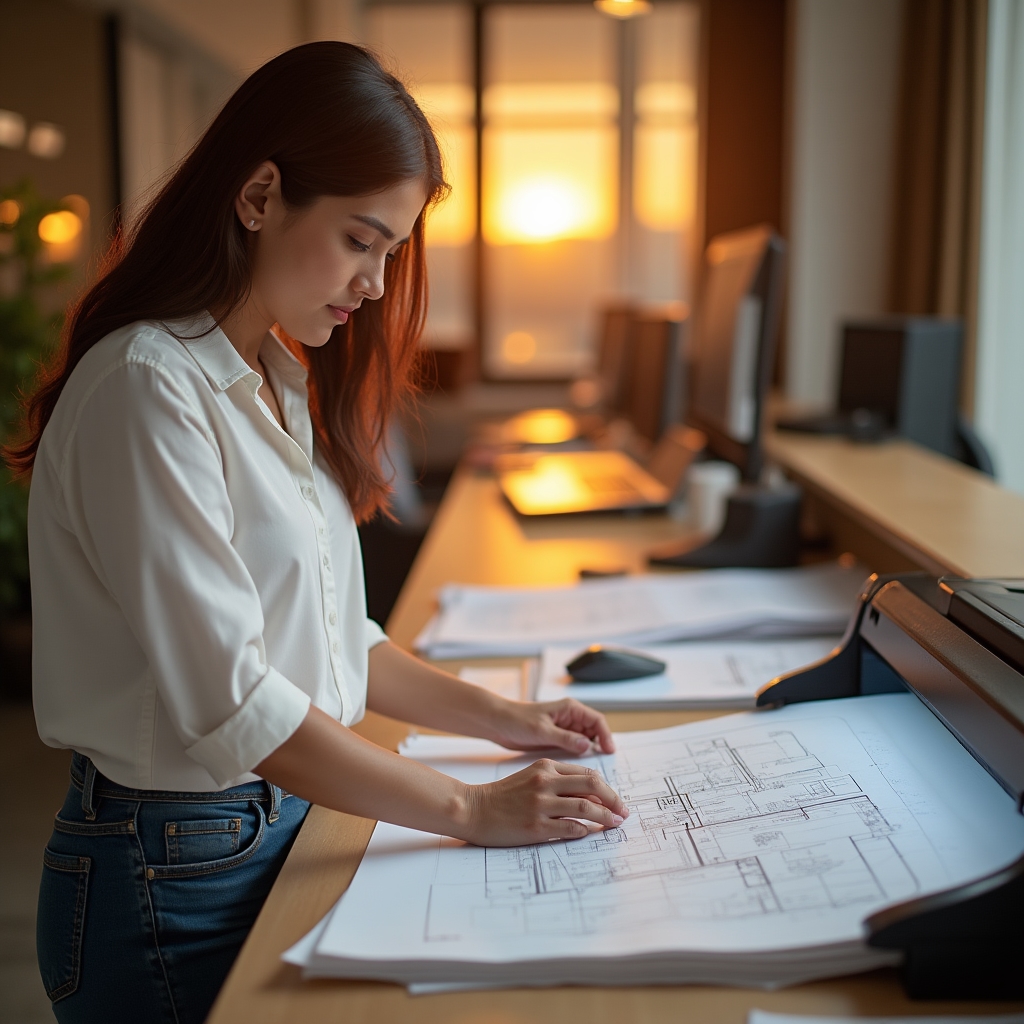 Professional scanning large-format architectural drawings using a specialized document scanner in a well-lit office environment