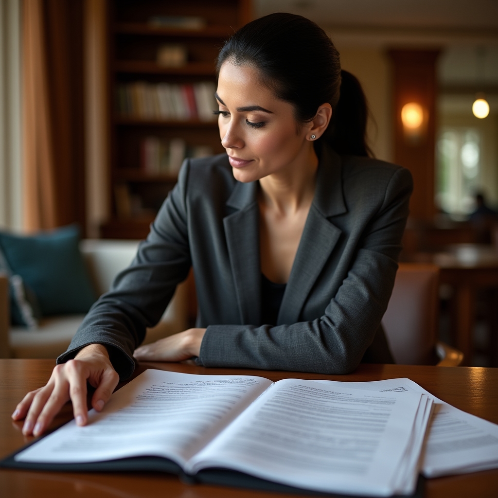 Business professional reviewing and organizing legal construction contracts at a modern office desk