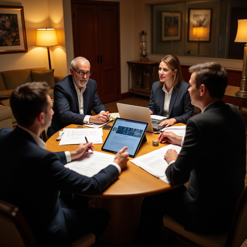 Construction project stakeholders collaborating around a large conference table with documents and digital screens showing project data