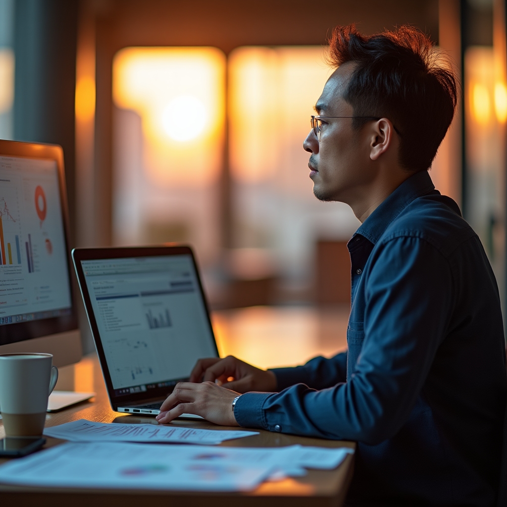 Project manager reviewing construction progress reports and administrative documentation on a laptop in a site office