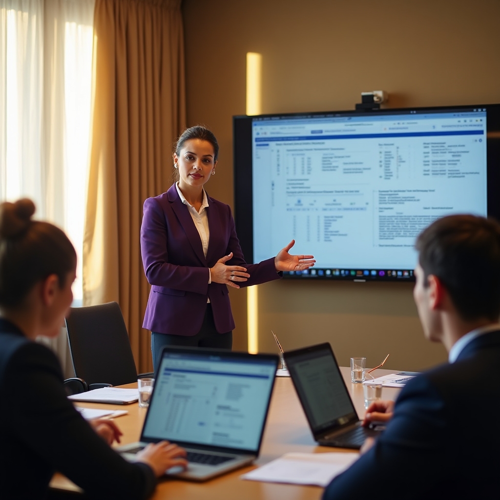Document management specialist conducting a training session with construction project team members around a conference table with laptops